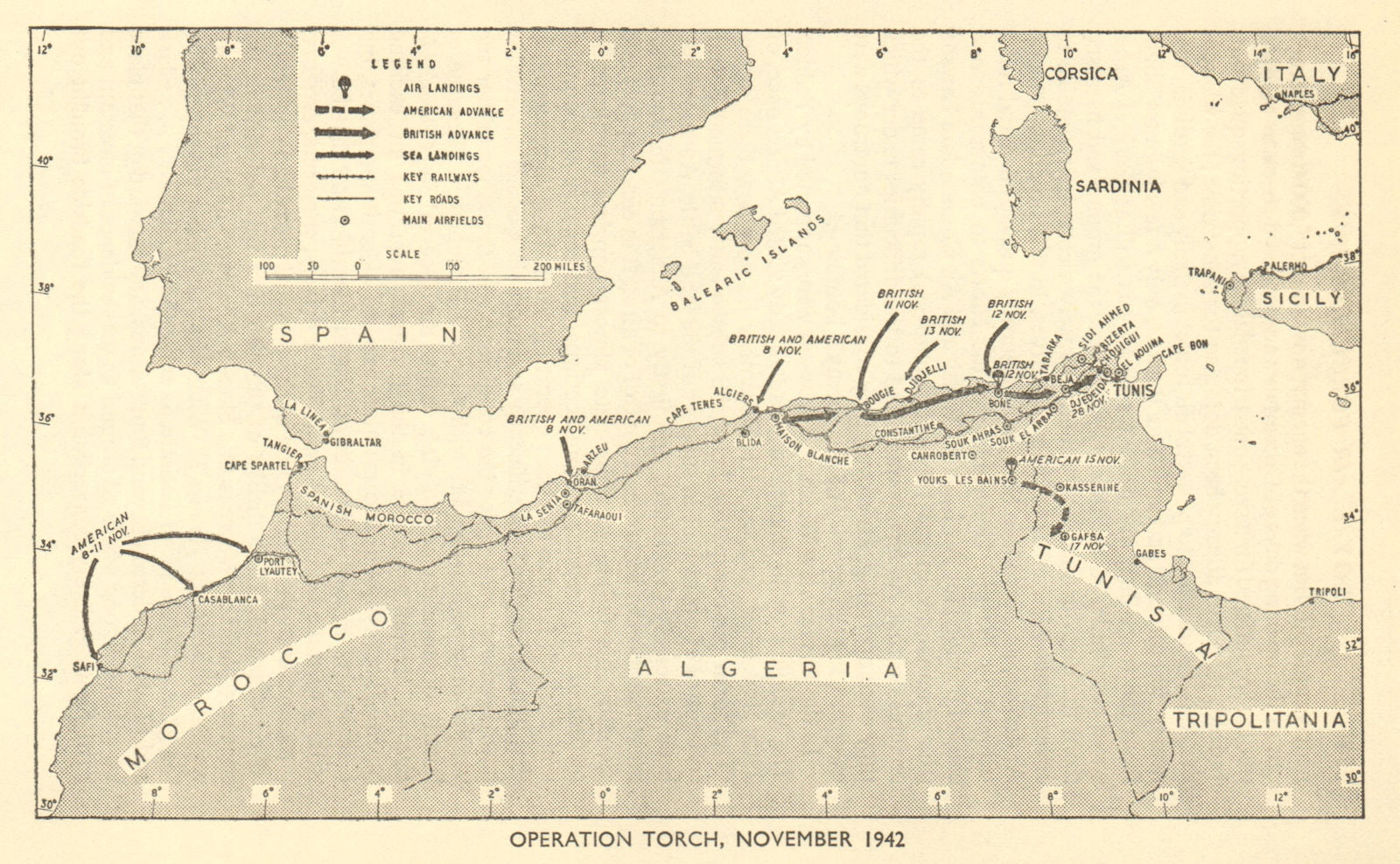 Operation Torch November 1942. World War 2 Morocco Algeria North Africa 1954 map